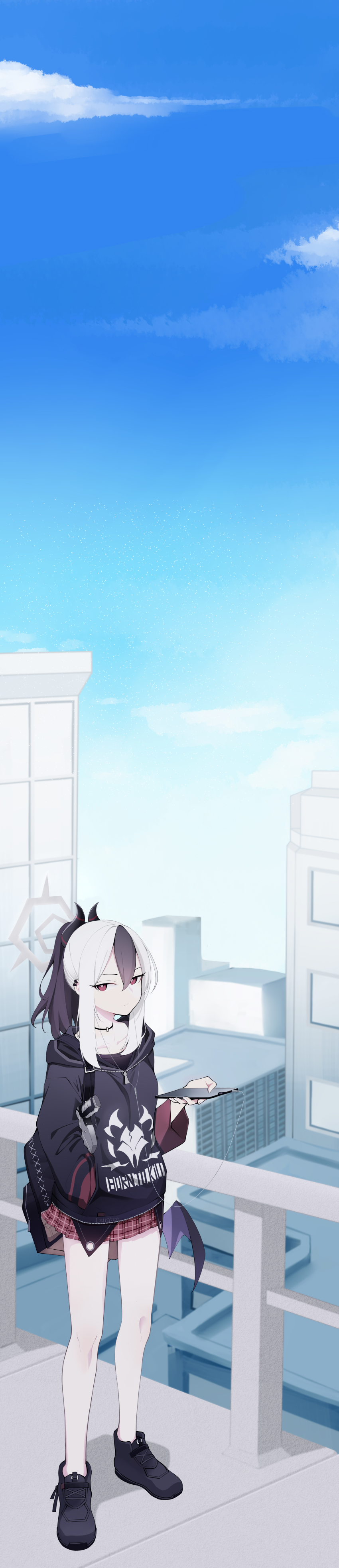 1girl, absurdres, bag, black_footwear, black_hoodie, blue_archive, blue_sky, bright_pupils