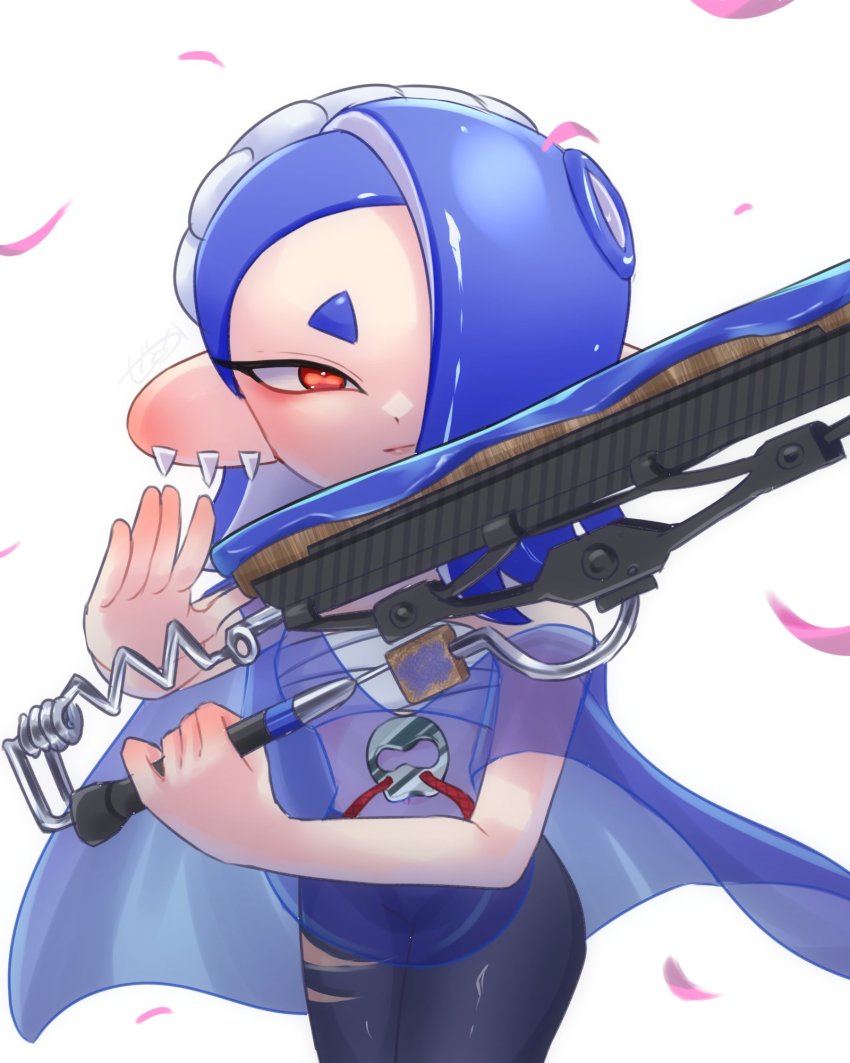 1girl, amakusa_setoka, black_pants, blue_hair, cephalopod_eyes, cherry_blossoms, chest_sarashi, closed_mouth, earrings, hachimaki, hair_over_one_eye, headband, highres, holding, horizontal_pupils, jewelry, long_hair, multiple_earrings, nejiri_hachimaki, nintendo, octoling, pants, petals, poncho, red_eyes, sarashi, see-through_clothes, shiver_(deep_cut_outfit)_(splatoon), shiver_(splatoon), simple_background, solo, splatana_wiper_(splatoon), splatoon_(series), splatoon_3, suction_cups, tentacle_hair, white_background