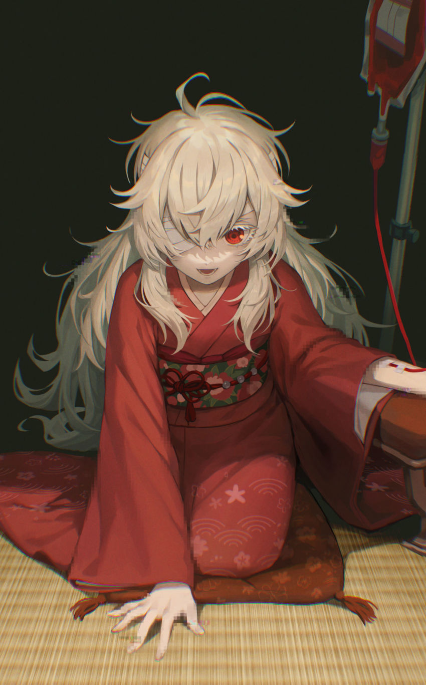 1girl, bandage_over_one_eye, bandages, blood, blood_bag, child, chromatic_aberration, commentary
