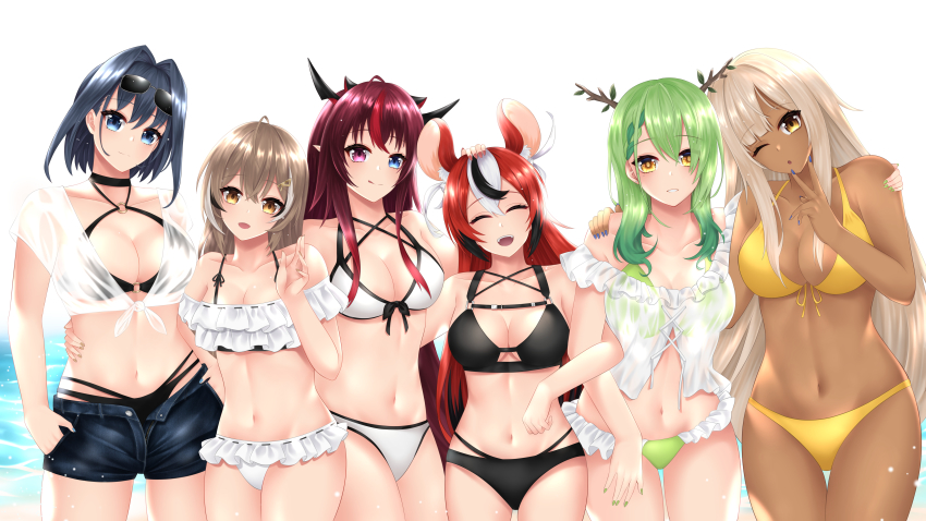 6+girls, absurdres, animal_ears, antler_ring, antlers, bikini, blue_eyes, blue_hair, breasts, brown_eyes, brown_hair, ceres_fauna, choker, cleavage, closed_eyes, criss-cross_halter, dark-skinned_female, dark_skin, frilled_bikini, frills, green_hair, hair_intakes, hakos_baelz, halterneck, heterochromia, highres, holocouncil, hololive, hololive_english, horns, irys_(hololive), large_breasts, light_brown_hair, medium_breasts, mouse_ears, mouse_girl, multicolored_hair, multiple_girls, multiple_horns, nanashi_mumei, navel, o-ring, o-ring_bikini, one_eye_closed, open_mouth, ouro_kronii, popcornflakes, purple_eyes, purple_hair, red_hair, smile, streaked_hair, swimsuit, tsukumo_sana, virtual_youtuber, yellow_eyes