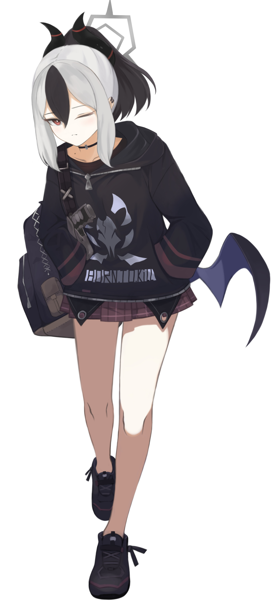 1girl, akacolor, bag, bare_legs, black_footwear, black_hair, black_hoodie, blue_archive