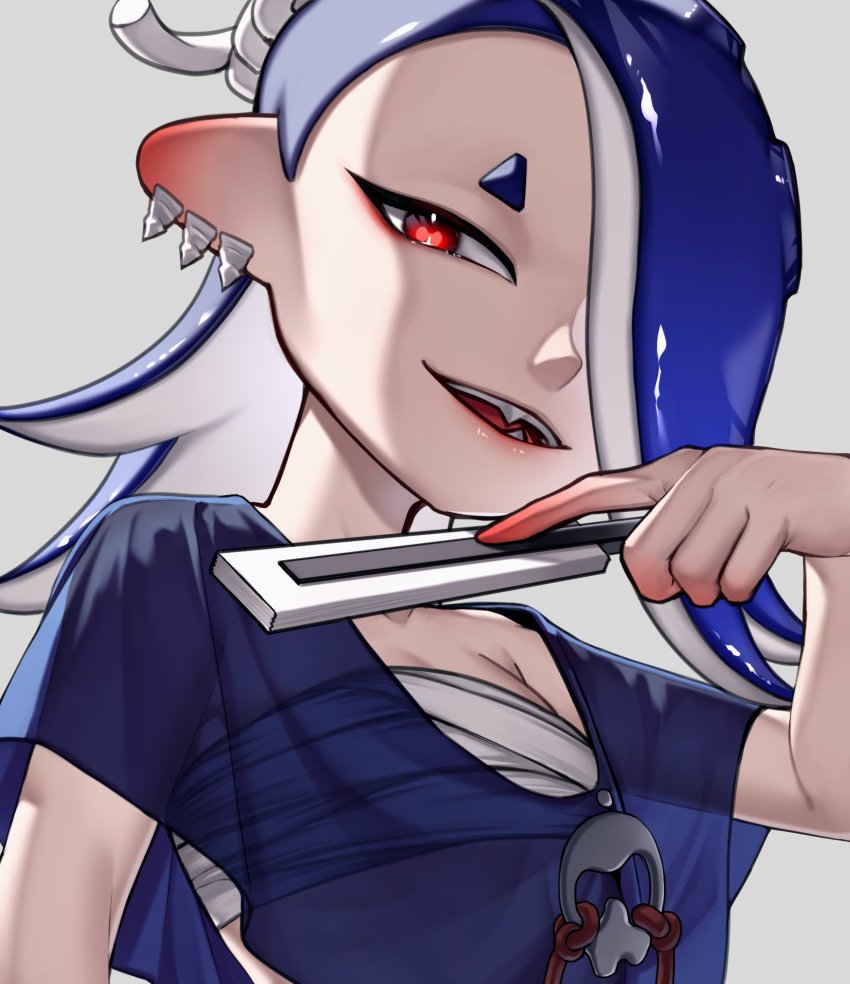 1girl, blue_hair, breasts, cephalopod_eyes, chest_sarashi, cleavage, colored_skin, earrings