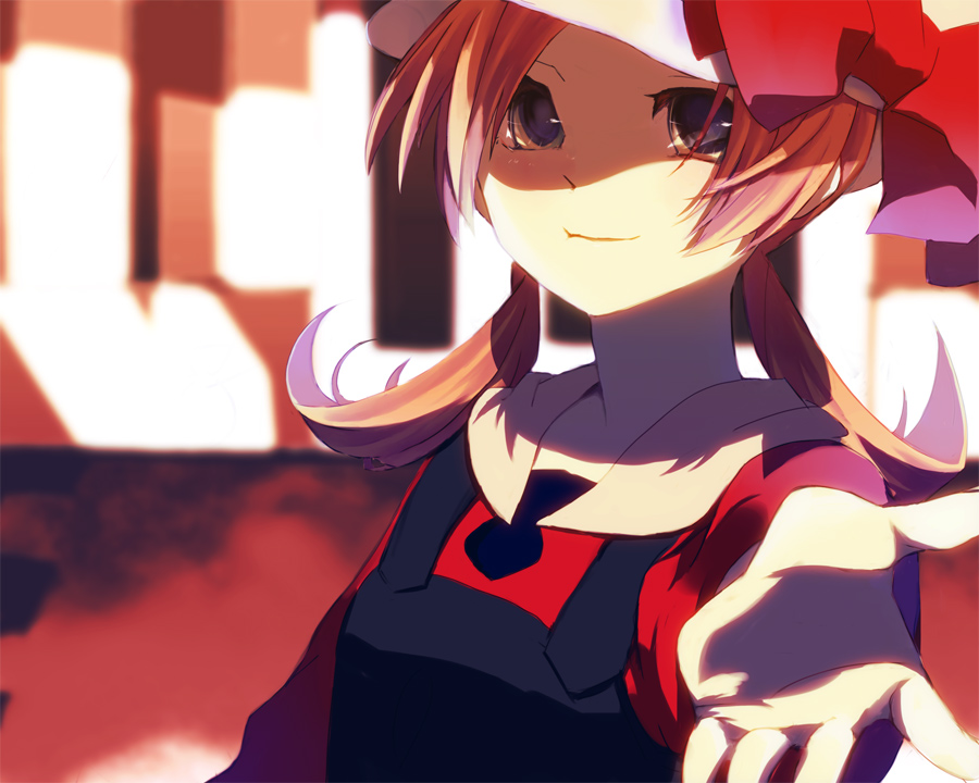 00s, 1girl, beckoning, bloom, female_focus, foreshortening, hat, hat_ribbon, lyra_(pokemon), morphine_(pixiv), nintendo, outstretched_hand, overalls, pokemon, pokemon_heartgold_and_soulsilver, red_ribbon, ribbon, smile, solo, twintails, upper_body