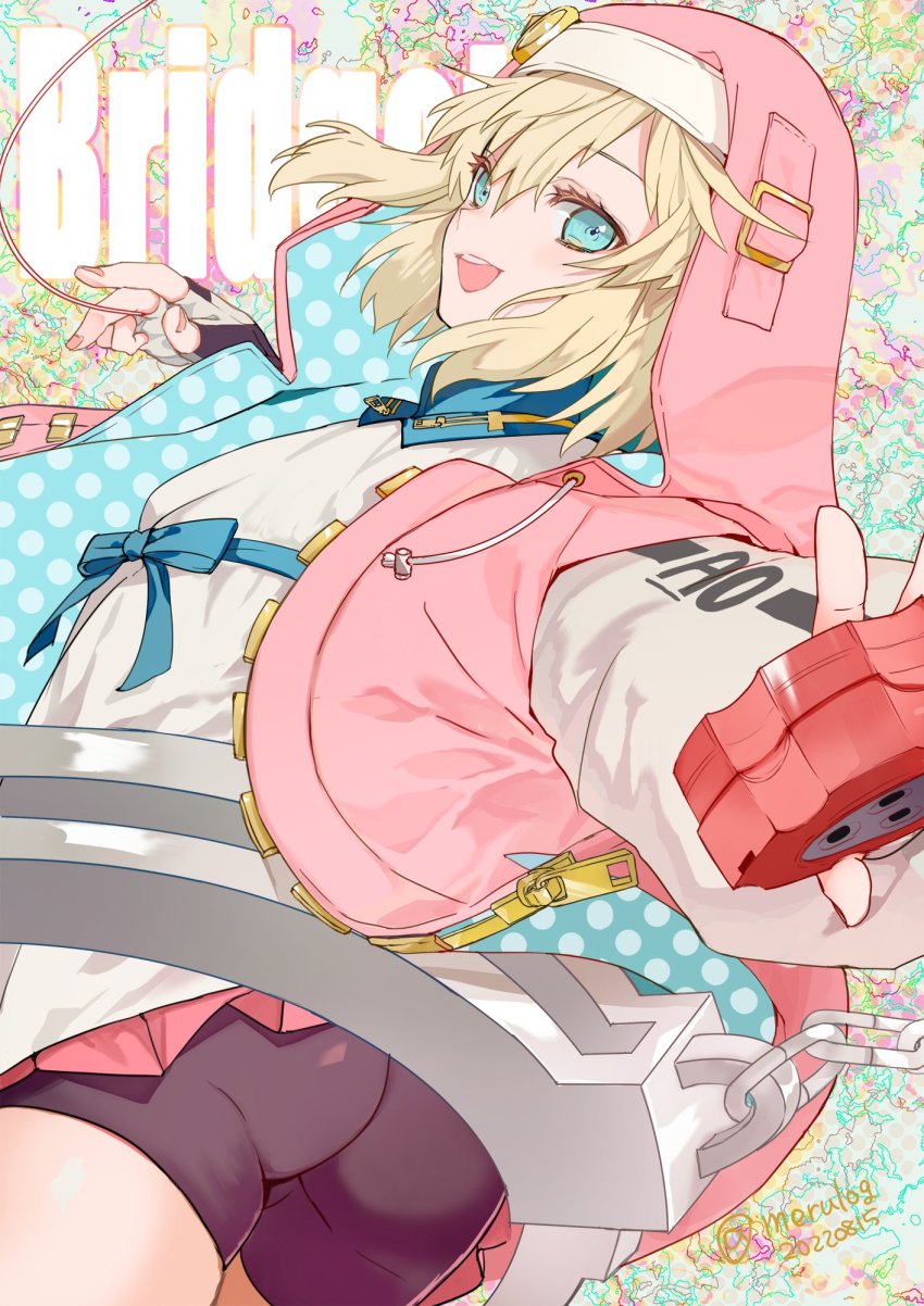 1boy, alternate_color, ass, bike_shorts, blonde_hair, blue_eyes, bridget_(guilty_gear), character_name