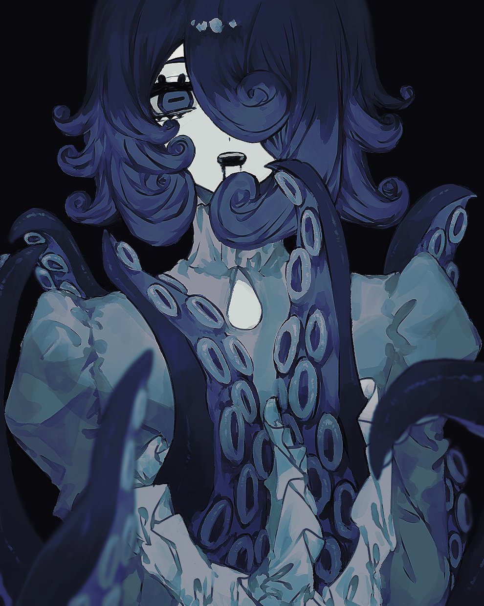 1girl, black_background, colored_skin, colored_tips, curly_hair, frilled_sleeves, frills, hair_over_one_eye, hands_up, highres, horizontal_pupils, juliet_sleeves, long_sleeves, looking_at_viewer, monster_girl, multicolored_hair, open_mouth, original, puffy_sleeves, purple_eyes, purple_hair, scylla, short_hair, solo, suction_cups, taezuodoru_0, tentacles, turtleneck, two-tone_hair, upper_body, white_skin