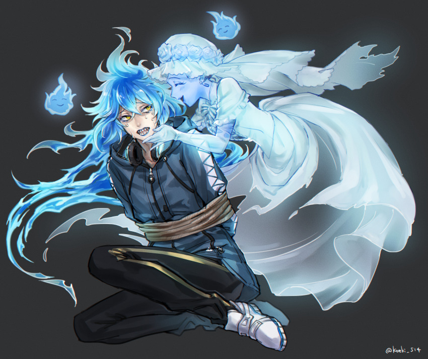1boy, 1girl, :d, ahoge, black_pants, blue_fire, blue_hair, blue_lips, blue_skin, bound, closed_eyes, colored_skin, crying, crying_with_eyes_open, dress, earrings, elbow_gloves, eliza_(twisted_wonderland), fire, gloves, grey_background, hat, headphones, headphones_around_neck, highres, hnkn_ida, hood, hood_down, hooded_jacket, idia_shroud, jacket, jewelry, long_hair, mob_cap, open_mouth, pants, sharp_teeth, shoes, smile, sneakers, tears, teeth, tied_up_(nonsexual), twisted_wonderland, very_long_hair, white_dress, yellow_eyes