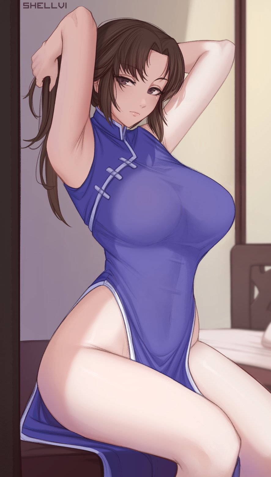 1girl, armpits, arms_behind_head, arms_up, bed, blue_dress, breasts, brown_eyes, brown_hair, china_dress, chinese_clothes, collared_dress, dress, expressionless, highres, holding, holding_own_hair, hong_xiu_ying, huge_breasts, indoors, large_breasts, long_hair, looking_at_viewer, on_bed, parted_bangs, pelvic_curtain, sega, shellvi, shenmue, shenmue_ii, shenmue_the_animation, side_slit, sidelocks, signature, sitting, skin_tight, sleeveless, sleeveless_dress, solo, thighs