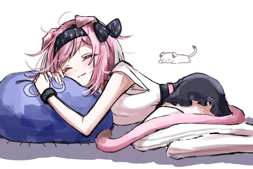 1girl, animal_ears, arknights, black_bow, black_hairband, black_skirt, blush, bow, cat_ears, cat_girl, cat_tail, closed_eyes, closed_mouth, commentary_request, frilled_skirt, frills, goldenglow_(arknights), hairband, highres, lightning_bolt_print, miritenoru, no_shoes, pillow, pink_hair, shadow, shirt, short_sleeves, skirt, smile, solo, striped_clothes, striped_thighhighs, tail, thighhighs, vertical-striped_clothes, vertical-striped_thighhighs, white_background, white_shirt, white_thighhighs