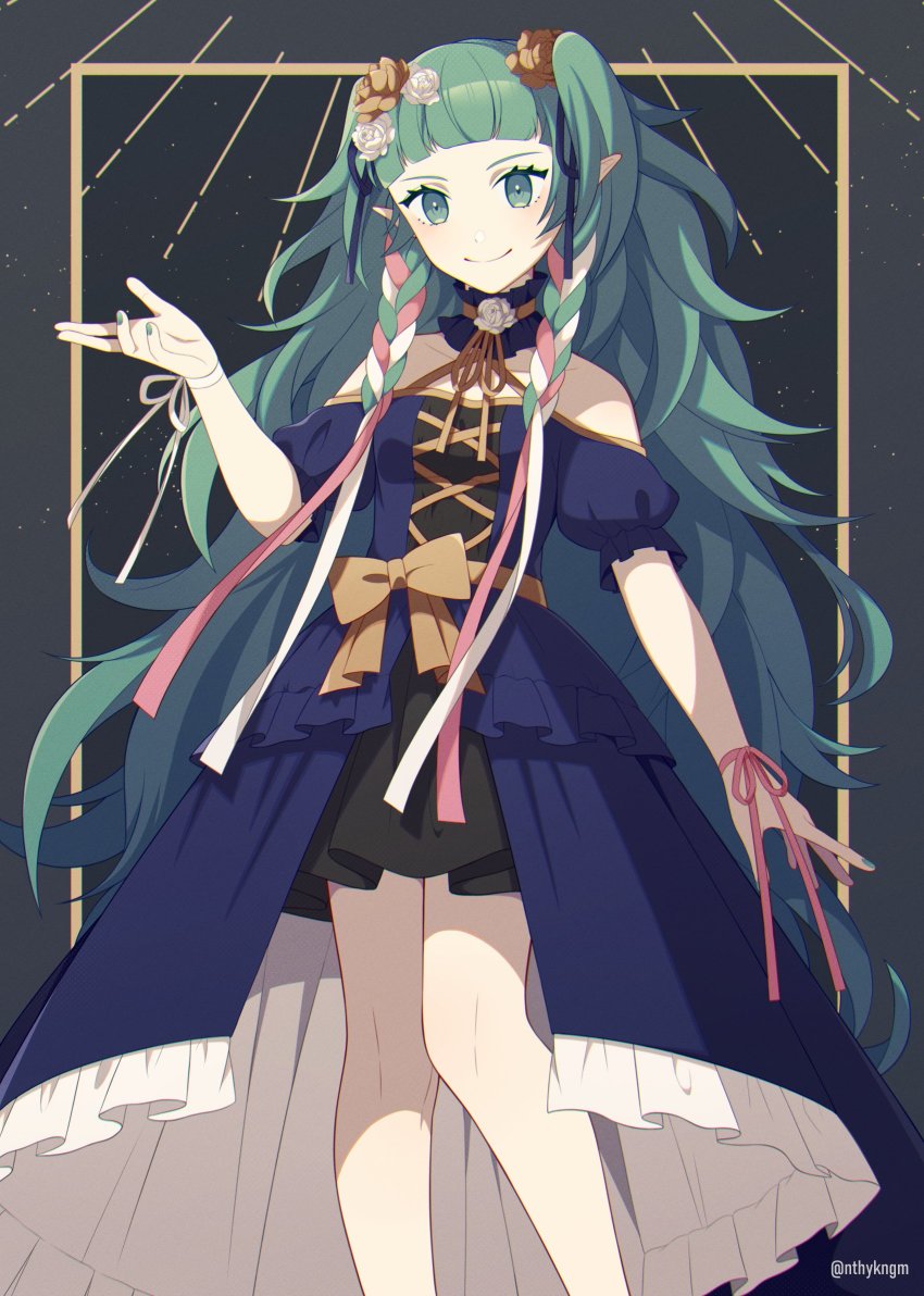 1girl, adapted_costume, bare_shoulders, black_background, blue_dress, bow, braid, crml_orng