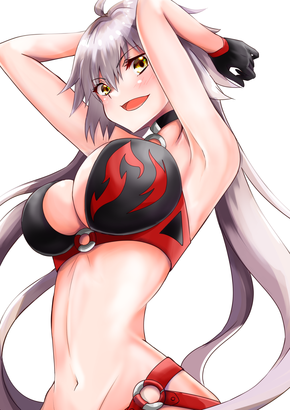 1girl, ahoge, armpits, arms_behind_head, arms_up, bikini, black_bikini, black_gloves, breasts, collar, fate/grand_order, fate_(series), gloves, hair_between_eyes, highres, jeanne_d'arc_alter_(fate), jeanne_d'arc_alter_(swimsuit_berserker)_(fate), large_breasts, looking_at_viewer, o-ring, o-ring_bikini, o-ring_bottom, o-ring_top, open_mouth, smile, solo, stomach, swimsuit, white_background, white_hair, yellow_eyes, yuusaku_(nekorakuda)