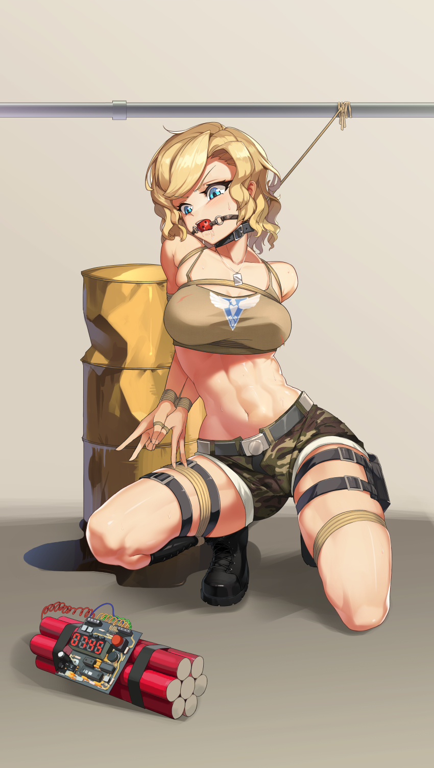 1girl, abs, absurdres, arms_behind_back, ball_gag, bdsm, blonde_hair, blue_eyes