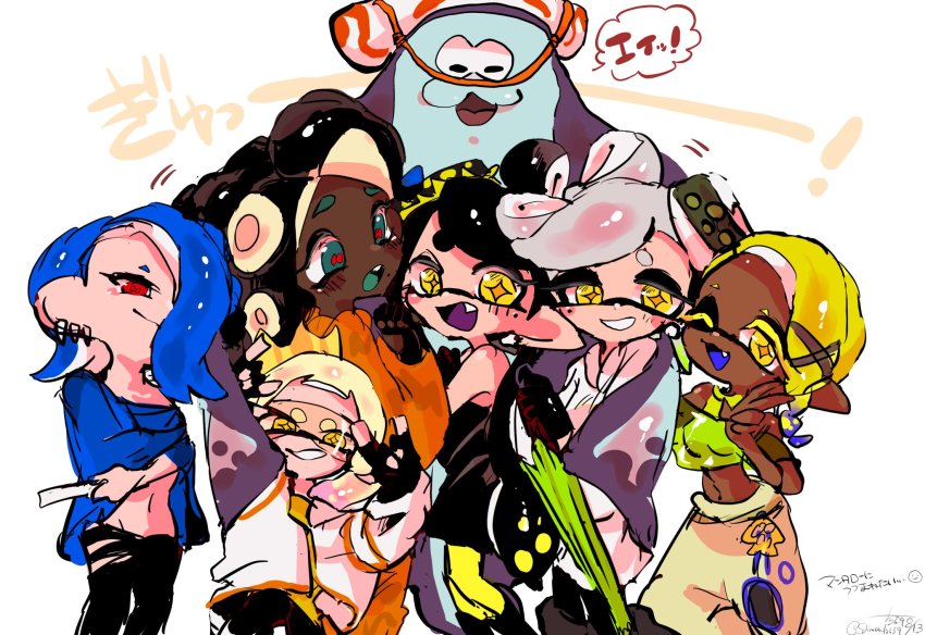 +_+, 1boy, 6+girls, :d, ;d, aqua_eyes, aqua_tongue, bare_shoulders, big_man_(splatoon), black_gloves, black_hair, black_pants, blonde_hair, blue_hair, blue_tongue, breasts, callie_(splatoon), cephalopod_eyes, clothing_cutout, colored_eyelashes, colored_tongue, cousins, crop_top, dark-skinned_female, dark_skin, earrings, fang, fingerless_gloves, folded_fan, folding_fan, frye_(splatoon), gloves, gradient_hair, green_umbrella, hair_over_one_eye, hand_fan, harem_pants, highres, holding, holding_fan, holding_umbrella, horizontal_pupils, inkling, jewelry, long_hair, lowleg, lowleg_pants, manta_ray, marie_(splatoon), marina_(splatoon), medium_breasts, mismatched_eyebrows, mole, mole_under_eye, mole_under_mouth, multicolored_hair, multiple_earrings, multiple_girls, navel, nintendo, octoling, one_eye_closed, open_mouth, pants, pantyhose, pearl_(splatoon), pink_hair, pointy_ears, poncho, purple_tongue, red_eyes, red_pupils, shiver_(splatoon), simple_background, sleeveless, smile, splatoon_(series), splatoon_3, splinter_fish59, suction_cups, tentacle_hair, two-tone_hair, umbrella, visor, white_background, yellow_crop_top, yellow_eyes