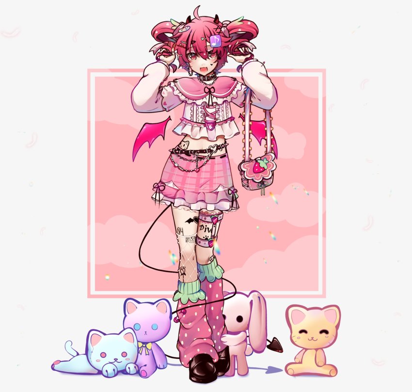 1girl, :d, bag, belt, blush, bread_hair_ornament, chain, chain_earrings, collar, crop_top, cross-laced_clothes, demon_horns, demon_wings, drill_hair, facial_mark, fang, food-themed_bag, food-themed_clothes, food-themed_hair_ornament, food_print, fortissimo, frilled_shirt_collar, frilled_skirt, frills, fruit_print, goth_fashion, hair_ornament, hair_ribbon, hairclip, hands_in_own_hair, hands_up, heart, heart_facial_mark, heart_o-ring, highres, holding, holding_bag, horns, ianxy2, kasane_teto, loafers, long_sleeves, loose_socks, midriff, multiple_thigh_straps, musical_note, musical_note_hair_ornament, navel, o-ring, o-ring_belt, open_mouth, pink_eyes, pink_hair, pink_theme, plaid_clothes, plaid_skirt, punkish_gothic, ribbon, safety_pin, shoes, skirt, smile, socks, solo, spring_onion_hair_ornament, strawberry_print, stuffed_animal, stuffed_cat, stuffed_rabbit, stuffed_toy, tattoo, thigh_strap, twin_drills, utau, wallet_chain, wings, x_hair_ornament