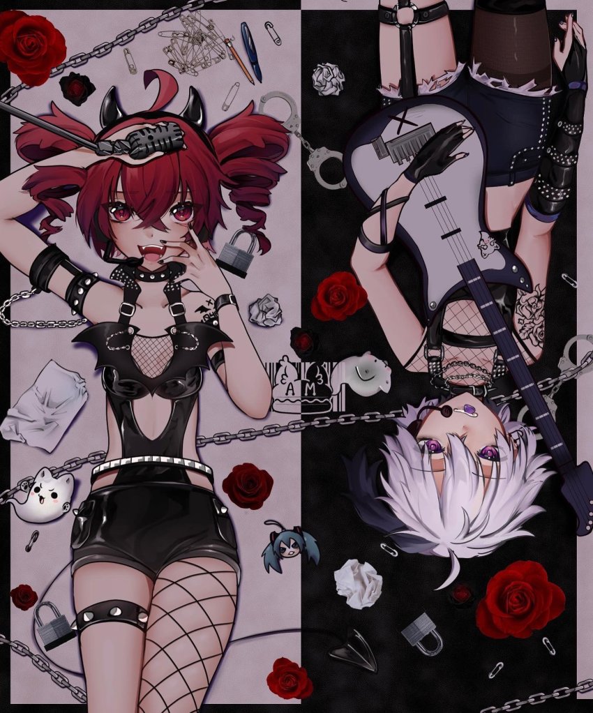 2girls, :3, :d, ahoge, arm_up, asymmetrical_gloves, asymmetrical_legwear, belt, wrist_belt, black_hair, blush, bracelet, chain, chain_necklace, crumpled_paper, cuffs, drill_hair, fangs, fingerless_gloves, fishnet_top, fishnets, flower, flower_(vocaloid), flower_(vocaloid4), garter_straps, gloves, goth_fashion, gothic, guitar, handcuffs, headphones, headset, highres, holding, holding_instrument, holding_microphone, ianxy2, instrument, jewelry, kasane_teto, latex, lock, microphone, microphone_stand, mouth_hold, multicolored_hair, multiple_girls, nail_polish, necklace, o-ring, open_mouth, padlock, pantyhose, pen, pencil, plectrum, plectrum_in_mouth, punkish_gothic, purple_eyes, red_eyes, red_hair, rose, safety_pin, short_hair, single_fishnet_legwear, single_leg_pantyhose, single_thighhigh, smile, spiked_thighlet, thigh_strap, thighhighs, twin_drills, two-tone_hair, upside-down, utau, vocaloid, waist_cutout, white_hair