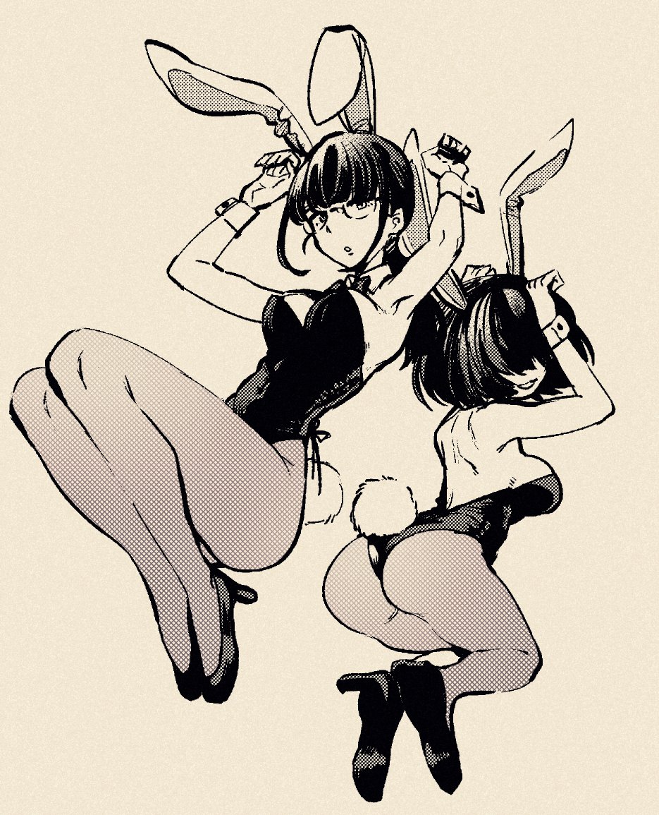 2girls, animal_ears, ass, black_bow, black_bowtie, black_hair, black_leotard, bow