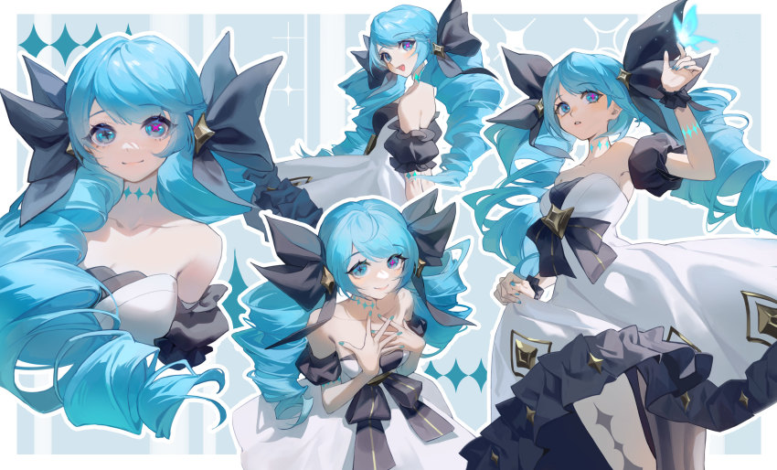 1girl, absurdres, ahoge, asami_okutoshioku, bare_shoulders, black_bow, blue_eyes, blue_hair, blush, bow, breasts, collarbone, commentary, detached_sleeves, dress, drill_hair, grey_background, grey_dress, grey_pantyhose, gwen_(league_of_legends), hair_bow, highres, league_of_legends, long_hair, looking_at_viewer, multiple_views, pantyhose, puffy_short_sleeves, puffy_sleeves, short_sleeves, smile, striped_clothes, striped_pantyhose, twin_drills, twintails