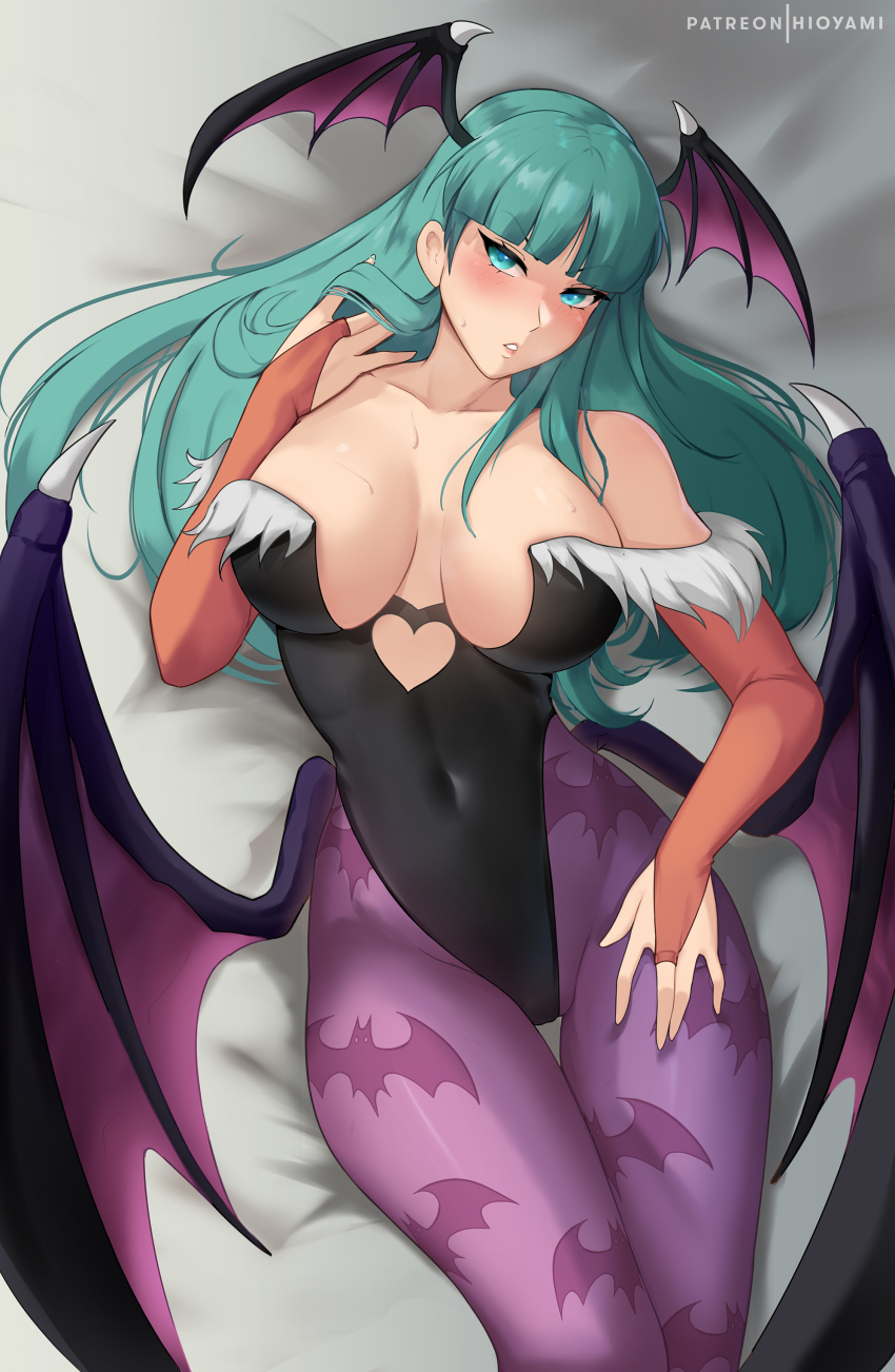 1girl, absurdres, animal_print, bat_print, blunt_bangs, breasts, bridal_gauntlets, cleavage, collarbone, covered_navel, darkstalkers, demon_girl, demon_wings, green_eyes, green_hair, head_tilt, head_wings, highres, hioyami, large_breasts, long_hair, looking_at_viewer, lying, morrigan_aensland, off_shoulder, on_back, orange_bridal_gauntlets, pantyhose, parted_lips, patreon_username, pink_pantyhose, print_pantyhose, solo, sweat, wings