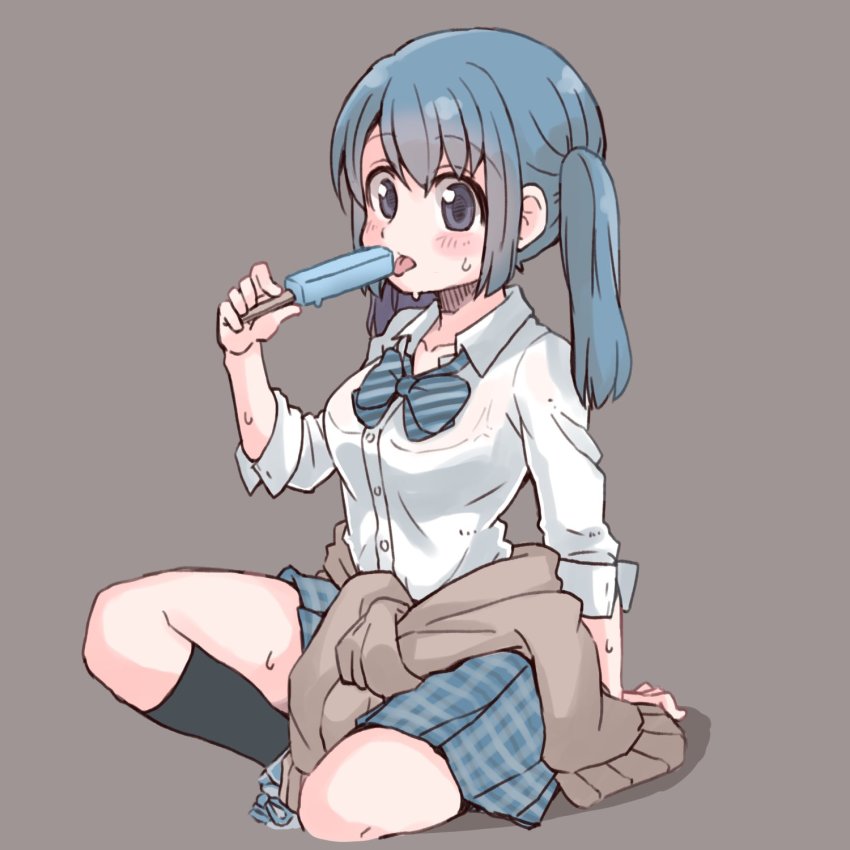 1girl, black_socks, blue_eyes, blue_hair, blue_skirt, blush, bow, bowtie