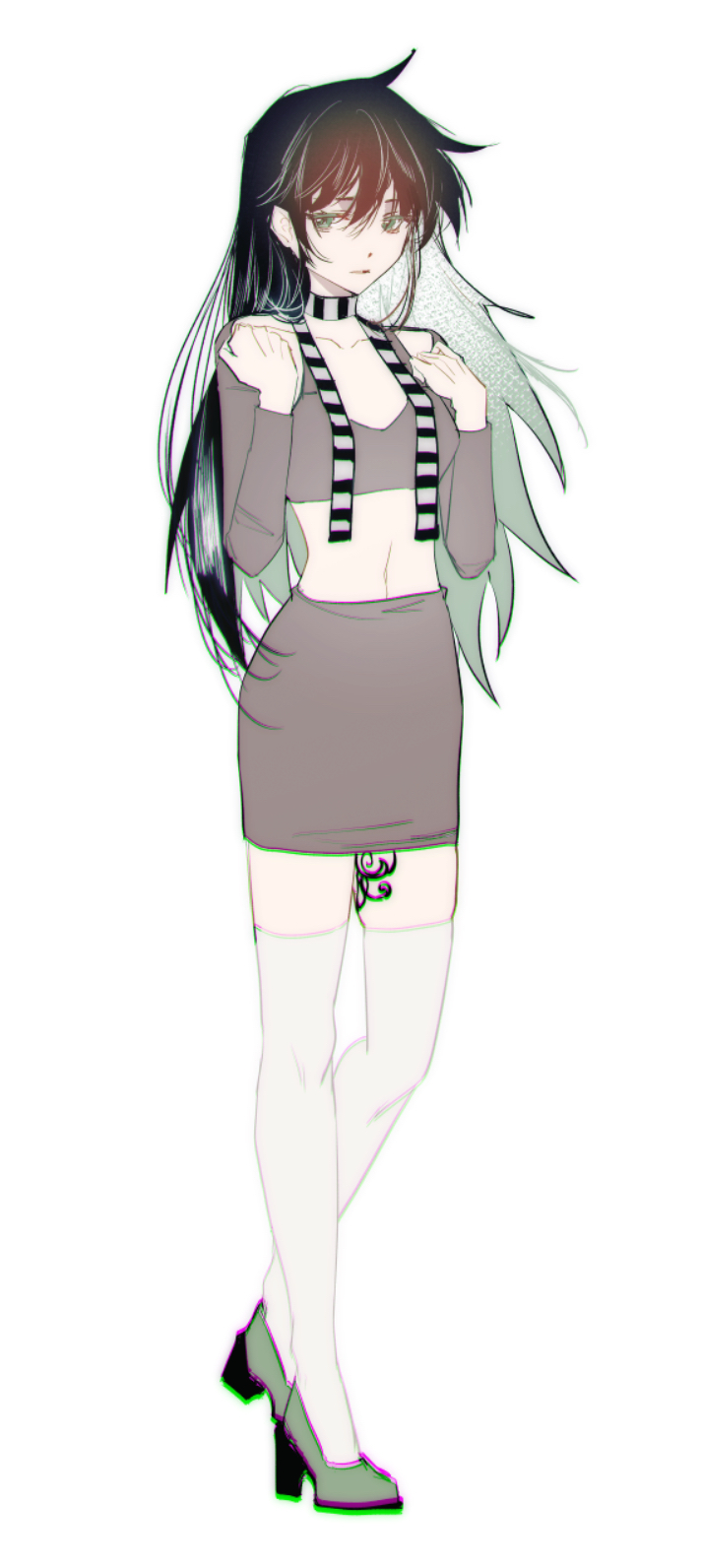 1girl, black_hair, breasts, collarbone, colored_inner_hair, crop_top, full_body, fushiguro_megumi