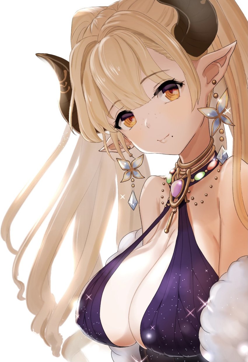 1girl, alba_(granblue_fantasy), arms_at_sides, bare_shoulders, blonde_hair, breasts, cleavage, closed_mouth