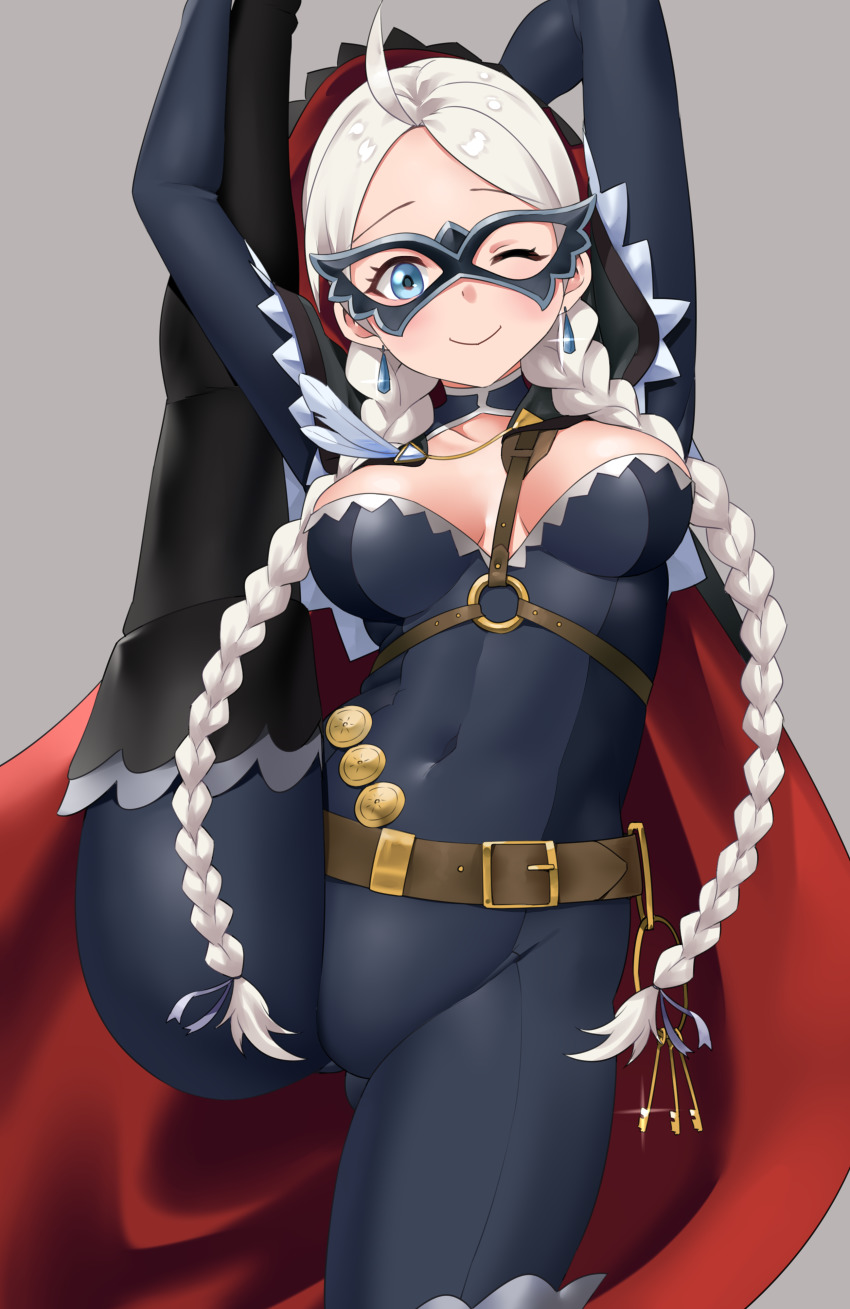 1girl, absurdres, ahoge, black_gloves, blue_bodysuit, blue_eyes, bodysuit, boots, braid, cape, chest_harness, closed_mouth, commission, commissioner_upload, covered_navel, fire_emblem, fire_emblem_fates, fire_emblem_heroes, gloves, gluteal_fold, harness, highres, hood, hood_up, hooded_cape, key, keyring, latex, latex_bodysuit, leather_belt, looking_at_viewer, low_twintails, mask, md5_mismatch, nina_(fire_emblem), nina_(thief)_(fire_emblem), nintendo, o-ring, official_alternate_costume, one_eye_closed, parted_bangs, red_cape, redkite333, resolution_mismatch, skin_tight, smile, source_smaller, split, standing, standing_on_one_leg, standing_split, thigh_boots, twin_braids, twintails, two-tone_cape, white_hair