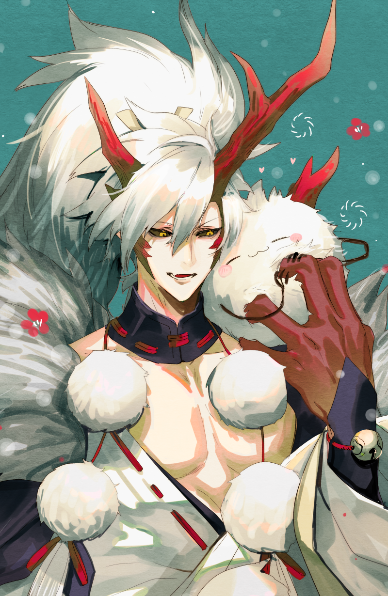 1boy, animal, antlers, bare_pectorals, black_sclera, blue_background, colored_sclera, colored_skin, creature, detached_collar, fang, hair_between_eyes, hand_up, harurie, highres, horns, ibaraki_douji_(onmyoji), long_hair, looking_at_animal, male_focus, multicolored_skin, onmyoji, open_mouth, oversized_forearms, oversized_limbs, pectorals, ponytail, red_horns, red_skin, skin_fang, solo, two-tone_skin, upper_body, white_hair, yellow_eyes