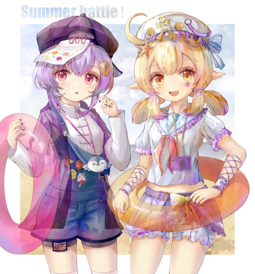 2girls, :d, :o, ahoge, black_nails, blonde_hair, bloomers, blue_sailor_collar, blush, brown_eyes, buxue_luo_li_tang, camera, camera_around_neck, commentary, english_commentary, english_text, frilled_sailor_collar, frilled_sleeves, frills, genshin_impact, hair_ornament, hands_up, highres, holding, holding_swim_ring, innertube, klee_(genshin_impact), long_hair, long_sleeves, looking_at_viewer, low_twintails, multiple_girls, nail_polish, neckerchief, open_mouth, overall_shorts, overalls, parted_lips, pointy_ears, puffy_short_sleeves, puffy_sleeves, purple_hair, purple_headwear, purple_skirt, qiqi_(genshin_impact), qiqi_(suibian)_(genshin_impact), red_eyes, red_neckerchief, sailor_collar, shirt, short_sleeves, sideways_hat, skirt, smile, star_(symbol), starfish, swim_ring, teeth, twintails, underwear, upper_teeth_only, white_bloomers, white_headwear, white_shirt, wrist_cuffs