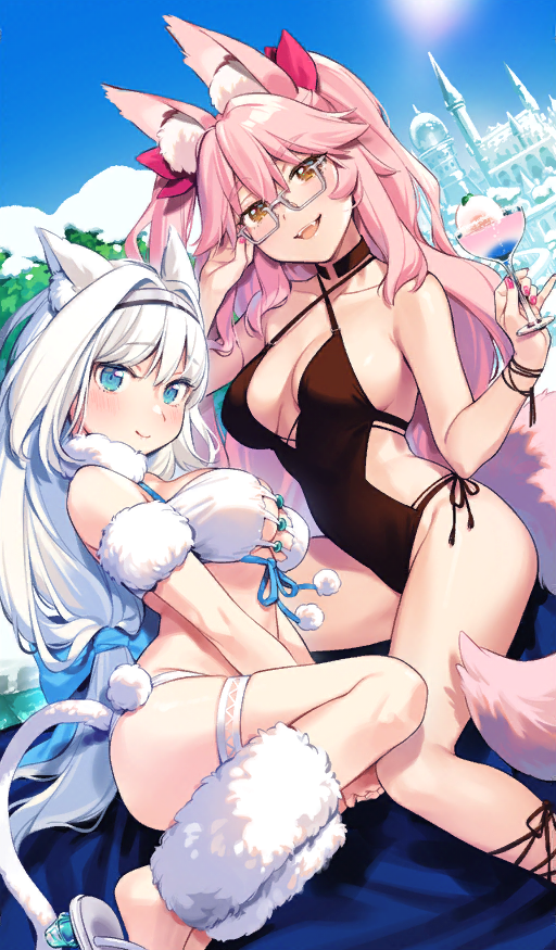 2girls, adjusting_eyewear, animal_ear_fluff, animal_ears, bad_source, bikini, black_one-piece_swimsuit, blue_eyes, breasts, breasts_apart, cat_ears, cat_girl, cat_tail, cleavage, commentary, craft_essence_(fate), cup, dobrynya_nikitich_(fate), dobrynya_nikitich_(twin_tail)_(fate), fang, fate/grand_order, fate_(series), fox_ears, fox_girl, fox_tail, glasses, grey-framed_eyewear, holding, holding_cup, koyanskaya_(fate), koyanskaya_(twin_tail)_(fate), large_breasts, long_hair, looking_at_viewer, mother_and_child, mother_and_daughter, multiple_girls, nail_polish, official_art, one-piece_swimsuit, parent_and_child, pink_hair, pink_nails, semi-rimless_eyewear, smile, swimsuit, tail, under-rim_eyewear, wantan_meo, white_bikini, white_hair, yellow_eyes