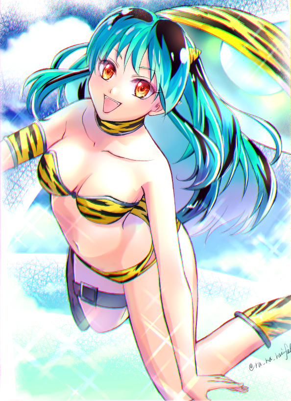 1girl, :d, animal_print, arm_strap, bare_arms, bare_shoulders, bikini, black_hair, blue_hair, breasts, cleavage, collarbone, floating_hair, horns, long_hair, lum, medium_breasts, multicolored_hair, open_mouth, orange_eyes, print_choker, runa_(ren_rainfall), sketch, smile, solo, sparkle, strapless, strapless_bikini, swimsuit, thigh_strap, tiger_print, twitter_username, urusei_yatsura, very_long_hair, yellow_bikini