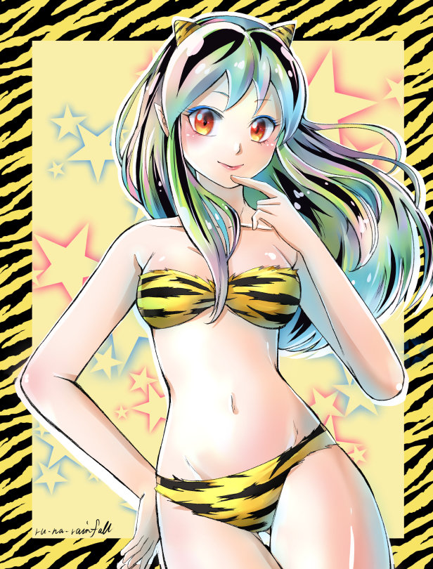 1girl, animal_print, bare_arms, bikini, black_hair, breasts, closed_mouth, collarbone, floating_hair, gluteal_fold, green_hair, groin, hand_on_own_hip, horns, long_hair, looking_at_viewer, lum, medium_breasts, multicolored_hair, navel, orange_eyes, pointy_ears, print_bikini, runa_(ren_rainfall), shiny_skin, smile, solo, strapless, strapless_bikini, swimsuit, thigh_gap, tiger_print, urusei_yatsura, very_long_hair, yellow_bikini