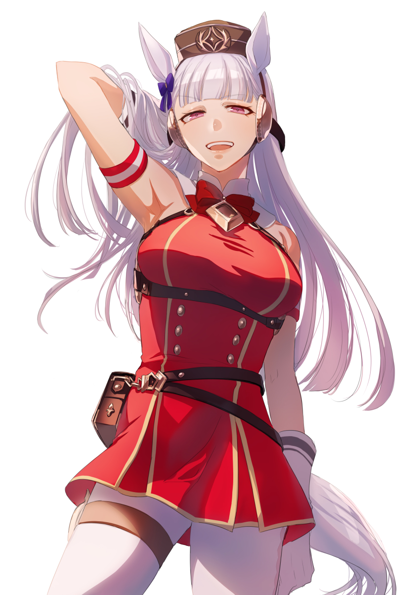 1girl, absurdres, animal_ears, arm_behind_head, blunt_bangs, bow, bowtie, brown_headwear, commentary, cowboy_shot, gloves, gold_ship_(red_strife)_(umamusume), gold_ship_(umamusume), grey_hair, highres, horse_ears, horse_girl, horse_tail, long_hair, looking_at_viewer, mommy_maro, open_mouth, pillbox_hat, purple_eyes, red_bow, red_bowtie, sleeveless, solo, tail, umamusume, white_gloves