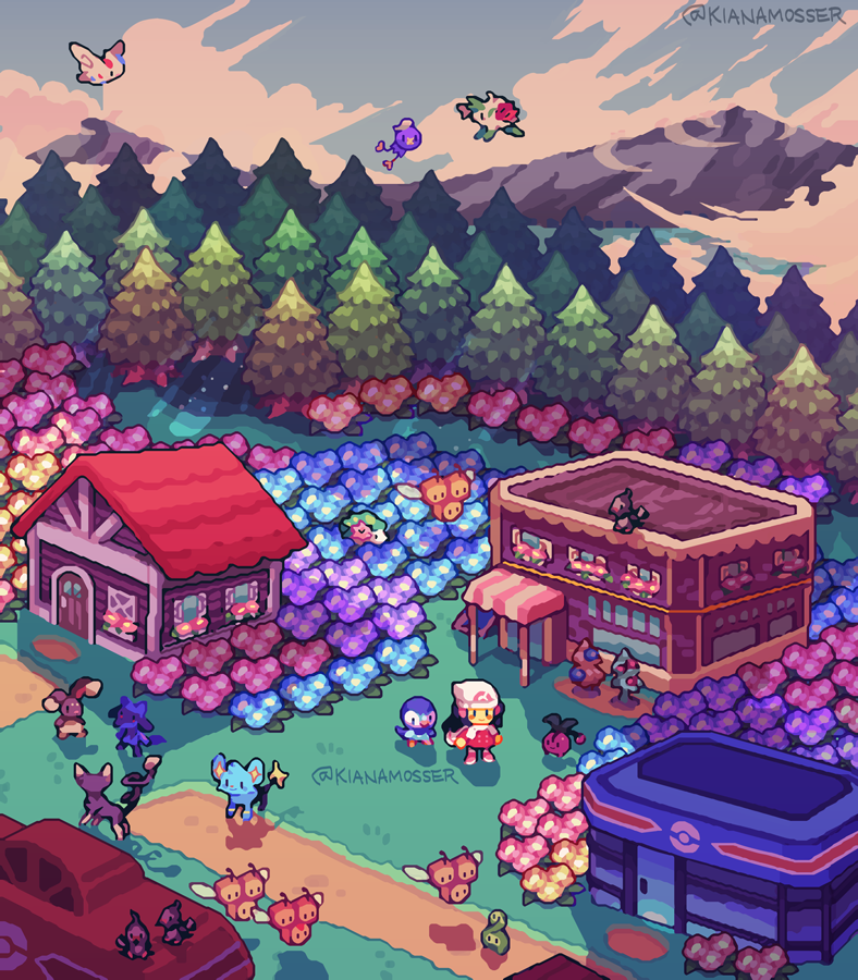 1girl, beanie, berry_(pokemon), blue_flower, budew, buneary, cherubi, city, closed_mouth, cloud, combee, commentary, dawn_(pokemon), drifloon, english_commentary, flower, forest, full_body, gen_4_pokemon, glameow, hat, kianamosser, legendary_pokemon, mountain, mythical_pokemon, nature, nintendo, pine_tree, pink_flower, piplup, pokemon, pokemon_(creature), pokemon_diamond/pearl/platinum, pokemon_platinum, purple_flower, red_flower, riolu, shaymin, shaymin_(land), shaymin_(sky), shinx, smile, starly, togekiss, tree, twitter_username, white_headwear, yellow_flower