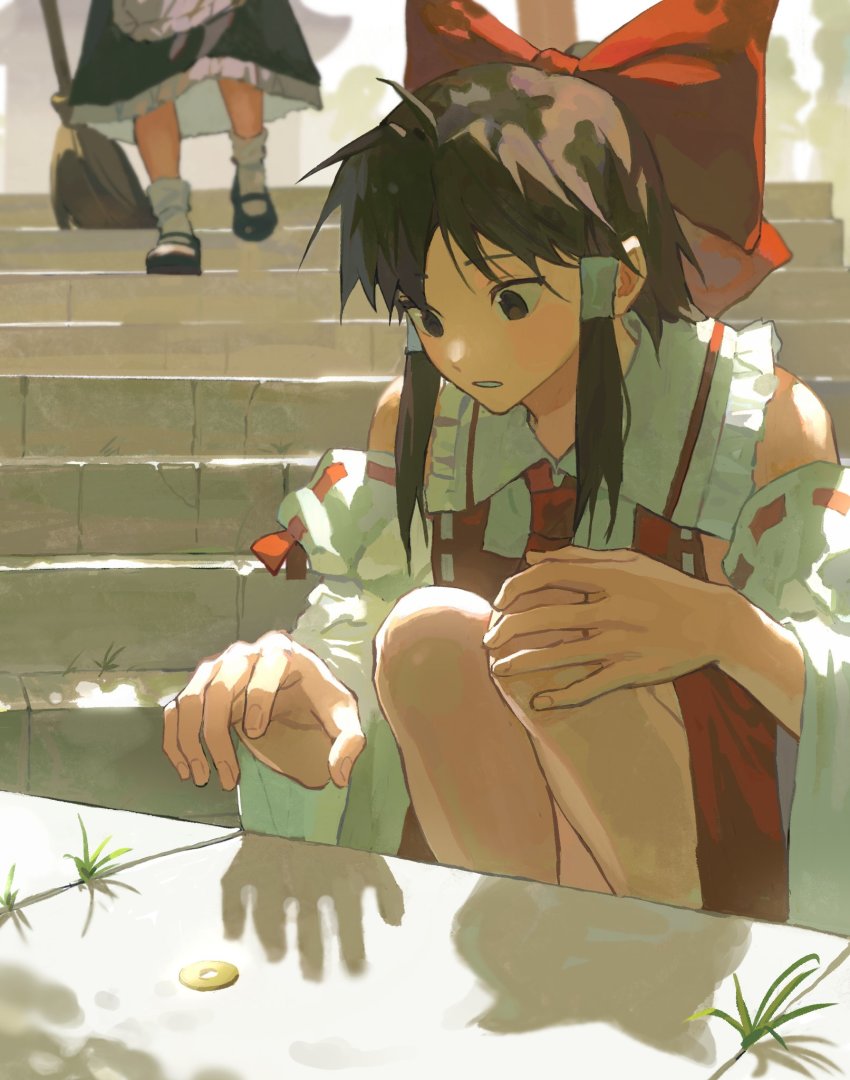 2girls, blurry, blurry_background, bow, brown_hair, depth_of_field, detached_sleeves, fingernails, hair_bow, hair_tubes, hakurei_reimu, highres, kirisame_marisa, knees_up, light_blush, looking_down, miko_(15476997), multiple_girls, nontraditional_miko, parted_lips, plant, ribbon-trimmed_sleeves, ribbon_trim, shadow, solo_focus, squatting, teeth, touhou