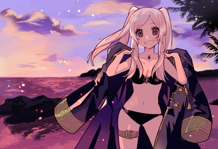 1girl, beach, bikini, black_bikini, coat, coat_on_shoulders, female_robin_(fire_emblem), fire_emblem, fire_emblem_awakening, fire_emblem_heroes, grey_eyes, highres, jewelry, kurimori, long_hair, navel, nintendo, o-ring, o-ring_bikini, ocean, palm_tree, pendant, swimsuit, thigh_strap, tree, twilight, twintails, white_hair
