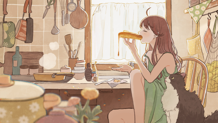 1girl, animal, bare_shoulders, black_cat, blush, bottle, brown_hair, cat, closed_eyes, collarbone, cooking_pot, curtains, dress, eating, food, food_in_mouth, frying_pan, fumi_futamori, green_dress, hand_up, holding, holding_food, indoors, knife, leg_up, long_hair, open_mouth, original, sitting, sleeveless, sleeveless_dress, slice_of_life, spaghetti_strap, stove