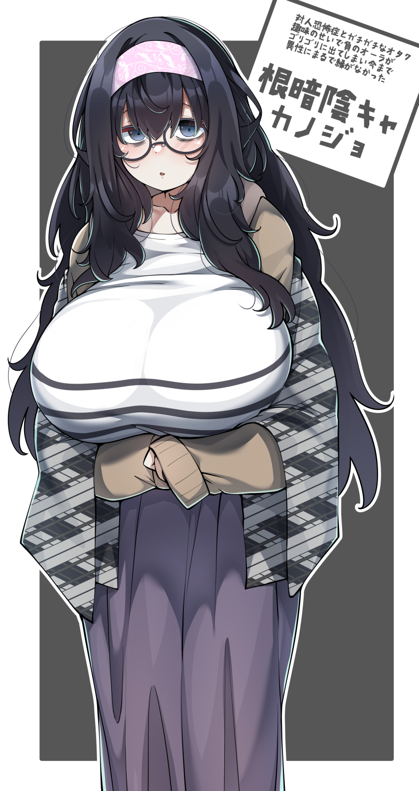 1girl, absurdres, bags_under_eyes, black-framed_eyewear, black_hair, blue_eyes, breasts, brown_hoodie