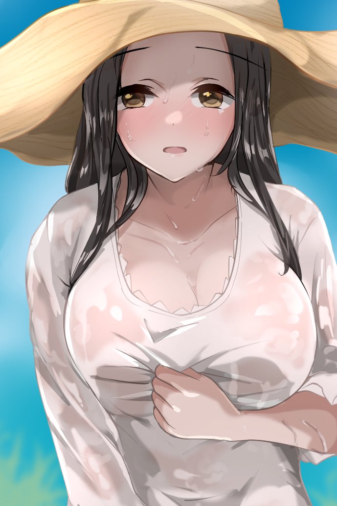 1girl, :o, black_hair, blush, breasts, brown_eyes, cleavage, collarbone