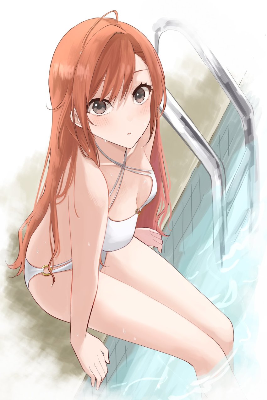 19_okeke, 1girl, :o, arisugawa_natsuha, bikini, blush, breasts, cleavage, collarbone, halterneck, highres, idolmaster, idolmaster_shiny_colors, long_hair, looking_at_viewer, medium_breasts, o-ring, orange_hair, pool, pool_ladder, poolside, sitting, soaking_feet, solo, strapless, swimsuit, very_long_hair, water, white_bikini