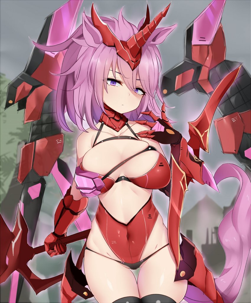1girl, animal_ears, breasts, collar, commentary_request, duel_monster, furaggu, hair_between_eyes, hand_up, highres, holding, holding_sword, holding_weapon, horse_girl, kashtira_unicorn, large_breasts, mecha_musume, mechanical_wings, pink_eyes, pink_hair, solo, sword, tail, weapon, wings, yu-gi-oh!