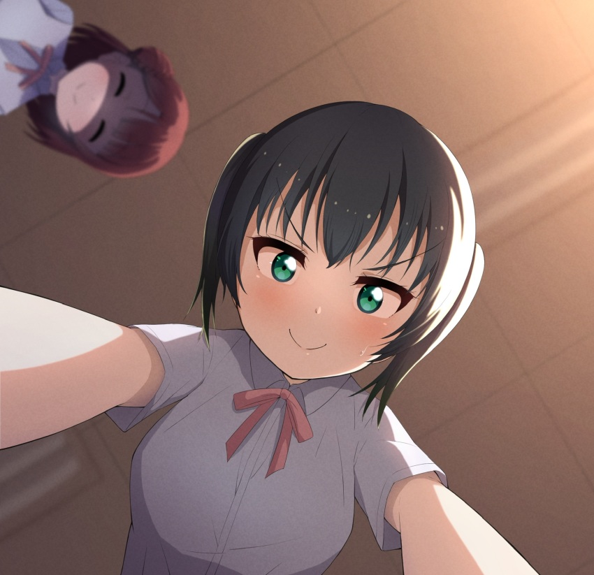 2girls, all_fours, black_hair, blush, buson0120, closed_mouth, closed_eyes, green_eyes