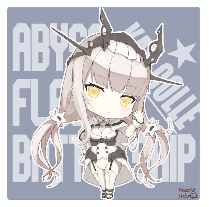 1girl, abyssal_ship, capelet, chibi, full_body, garter_straps, gloves, headgear