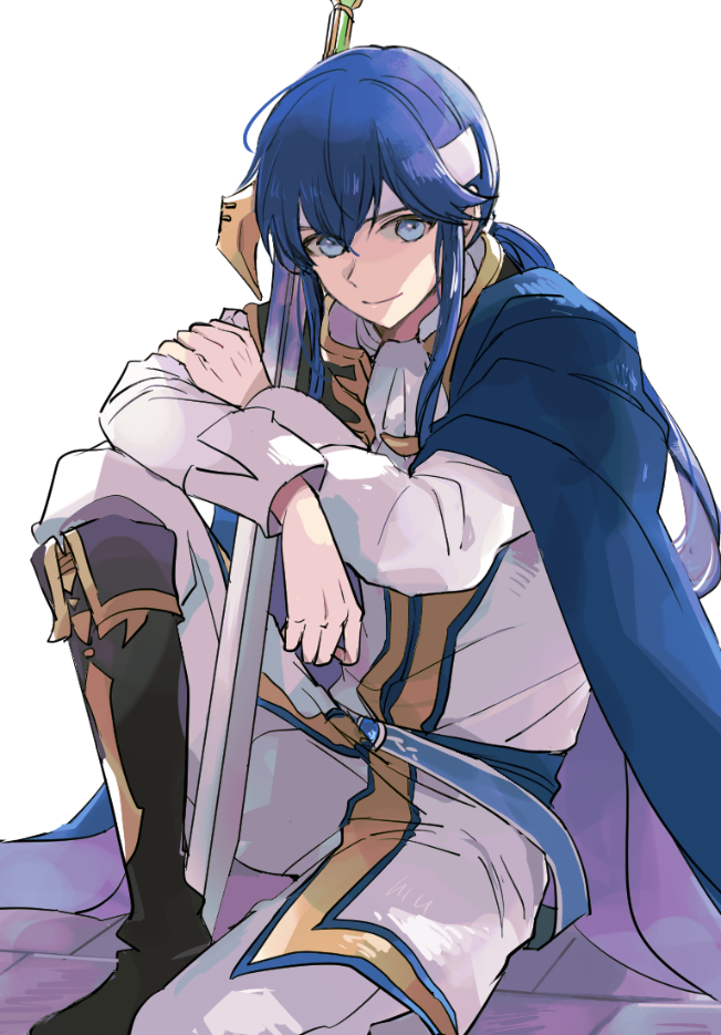 1boy, ascot, bad_id, bad_twitter_id, belt, black_boots, blue_belt, blue_cape, blue_eyes, blue_hair, boots, cape, commentary_request, cosplay, fire_emblem, fire_emblem:_genealogy_of_the_holy_war, fire_emblem_heroes, headband, jacket, knee_up, long_hair, long_sleeves, looking_at_viewer, male_focus, nintendo, pants, seliph_(enduring_legacy)_(fire_emblem), seliph_(fire_emblem), sidelocks, sigurd_(fire_emblem), sigurd_(fire_emblem)_(cosplay), simple_background, sitting, smile, solo, sword, tenjin_(ahan), tyrfing_(fire_emblem), weapon, white_ascot, white_background, white_jacket, white_pants