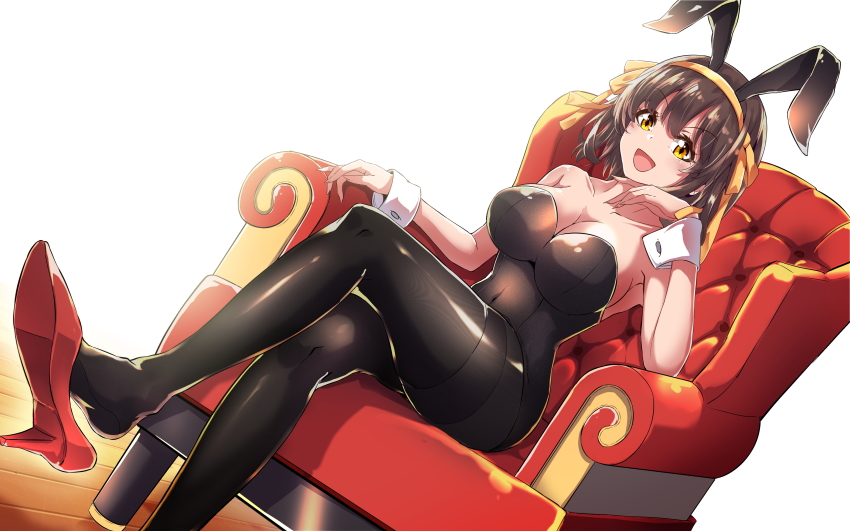 1girl, :d, absurdres, animal_ears, black_leotard, black_pantyhose, blush, breasts