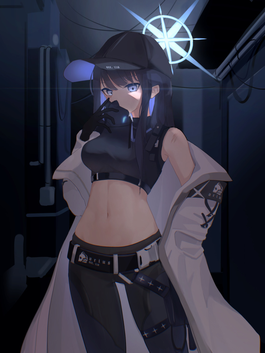 1girl, absurdres, bare_shoulders, baseball_cap, belt, black_belt, black_gloves, black_hair