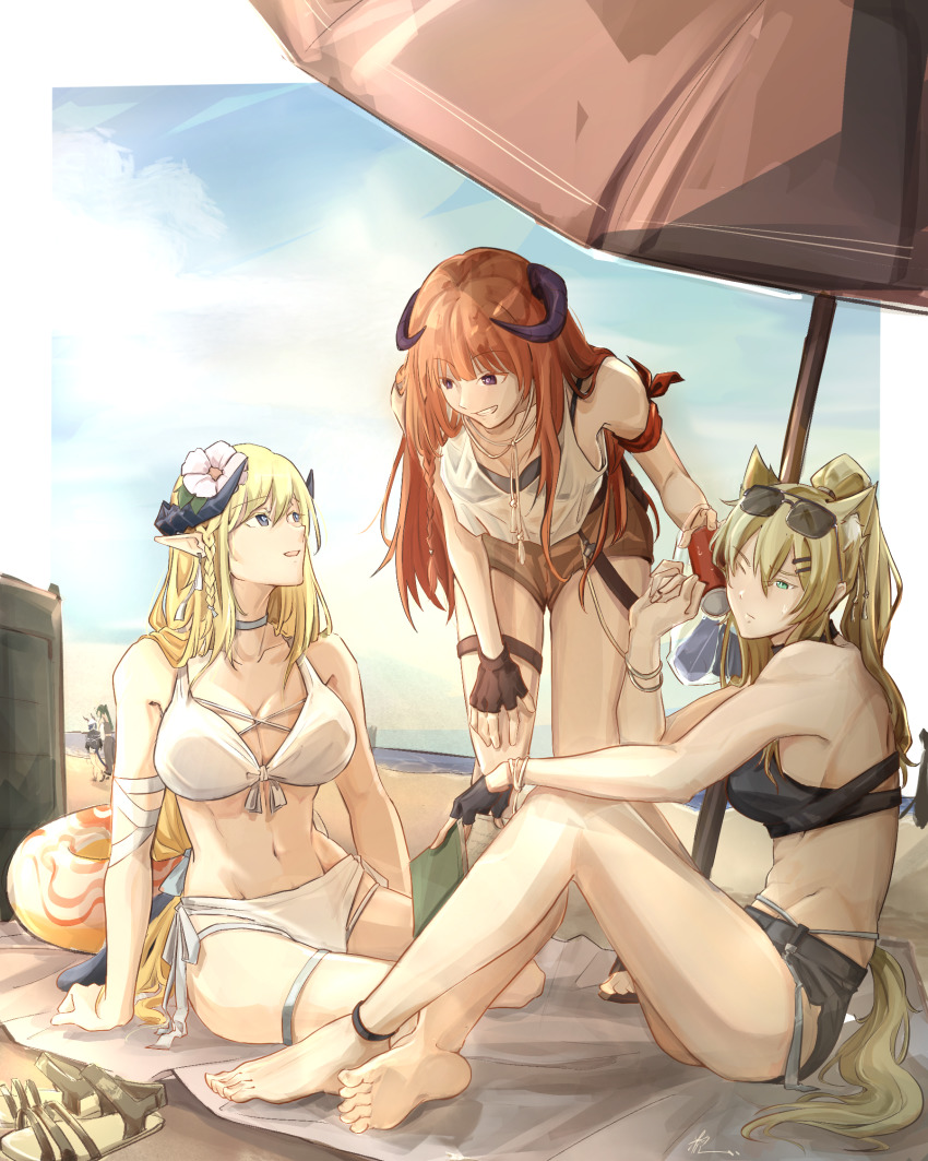 5girls, alternate_hairstyle, arknights, arm_ribbon, arm_support, bagpipe_(arknights), bare_legs, bare_shoulders, barefoot, beach, beach_umbrella, bikini, black_bikini, blonde_hair, blue_eyes, braid, breasts, brown_shorts, ch'en_(arknights), cleavage, commentary_request, flower, glk_sier, green_eyes, grin, hair_flower, hair_ornament, hand_up, highres, horn_(arknights), horns, hoshiguma_(arknights), hoshiguma_(summer)_(arknights), innertube, large_breasts, long_hair, looking_at_another, multiple_girls, one_eye_closed, orange_hair, outdoors, pointy_ears, ponytail, purple_eyes, ribbon, saileach_(arknights), shirt, short_shorts, shorts, side-tie_bikini_bottom, single_braid, sleeveless, sleeveless_shirt, smile, swim_ring, swimsuit, thigh_strap, thighs, umbrella, very_long_hair, white_bikini, white_flower, white_ribbon, white_shirt