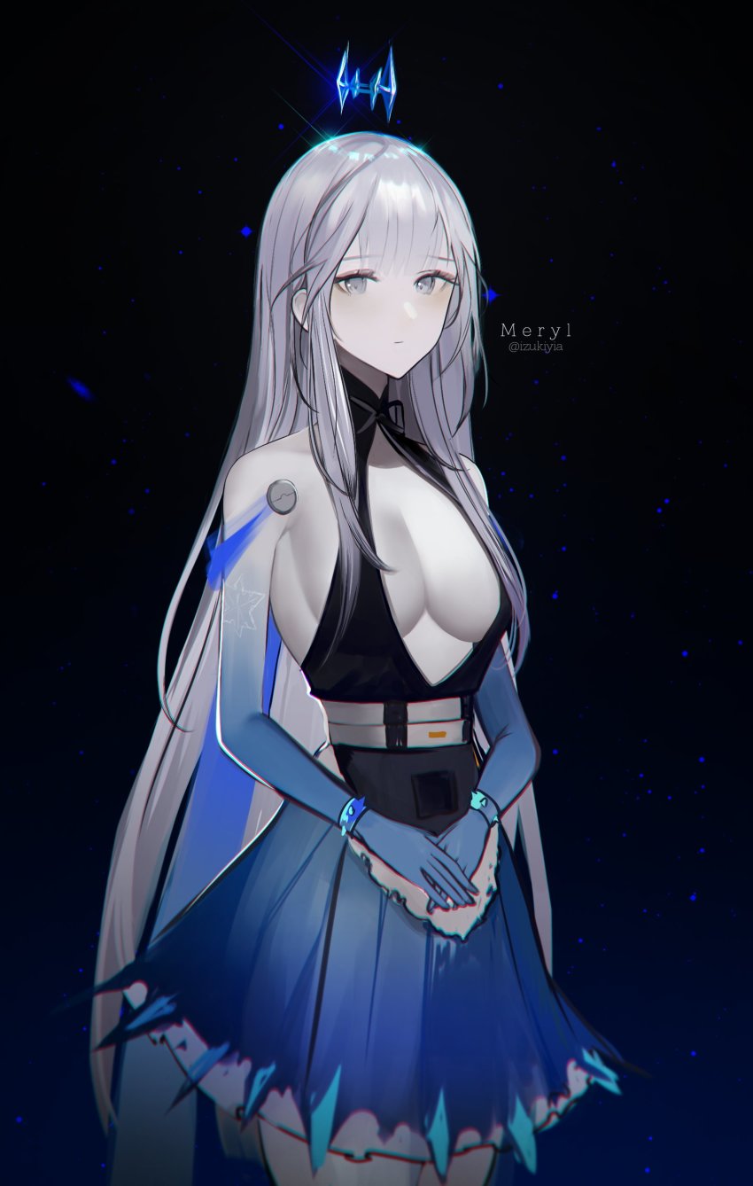 1girl, absurdres, artist_name, black_bow, blue_gloves, bow, breasts, character_name, crown, dress, elbow_gloves, expressionless, floating, floating_crown, floating_object, frilled_dress, frills, gloves, highres, ice, izuki_yia, large_breasts, long_hair, looking_at_viewer, meryl_(tower_of_fantasy), metal_belt, solo, tower_of_fantasy, very_long_hair, white_hair