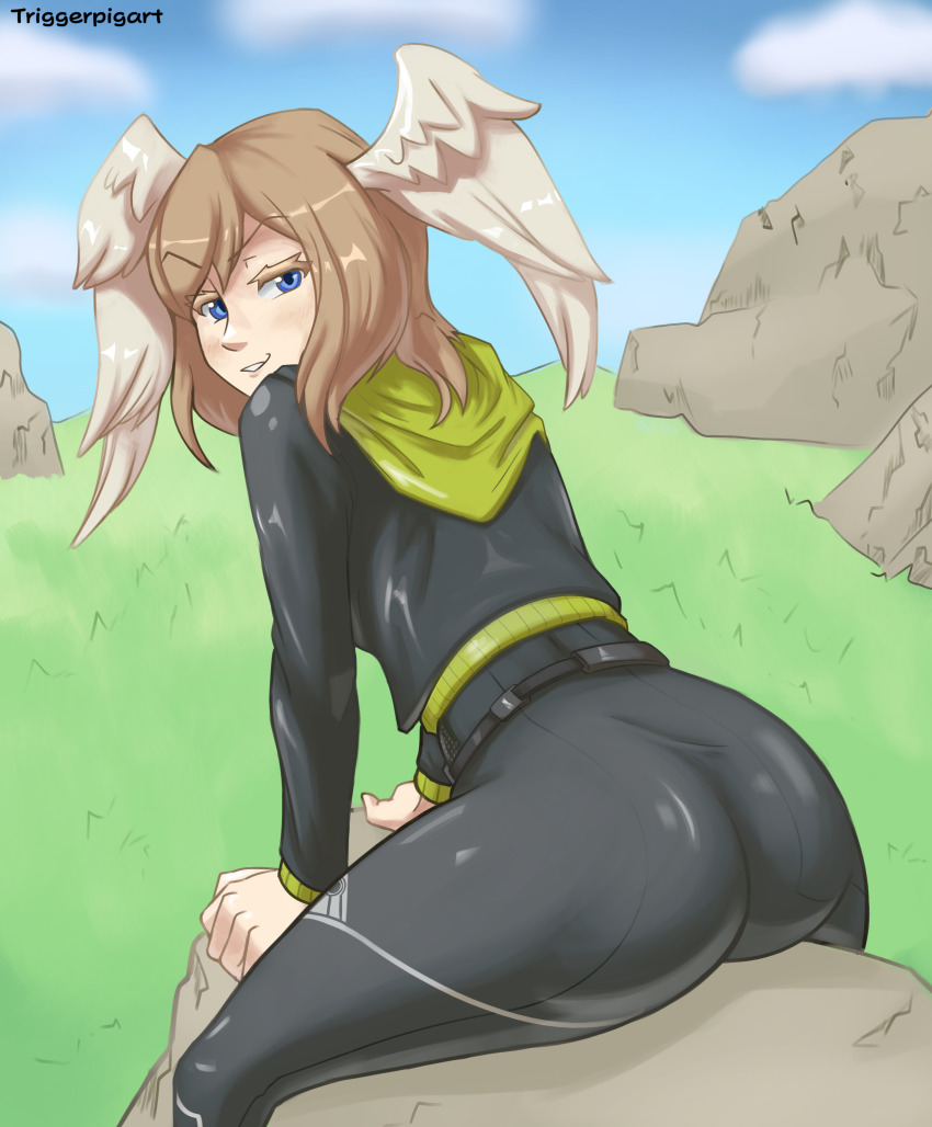 absurdres, ass, blue_eyes, brown_hair, eunie_(xenoblade), grass, highres, jacket