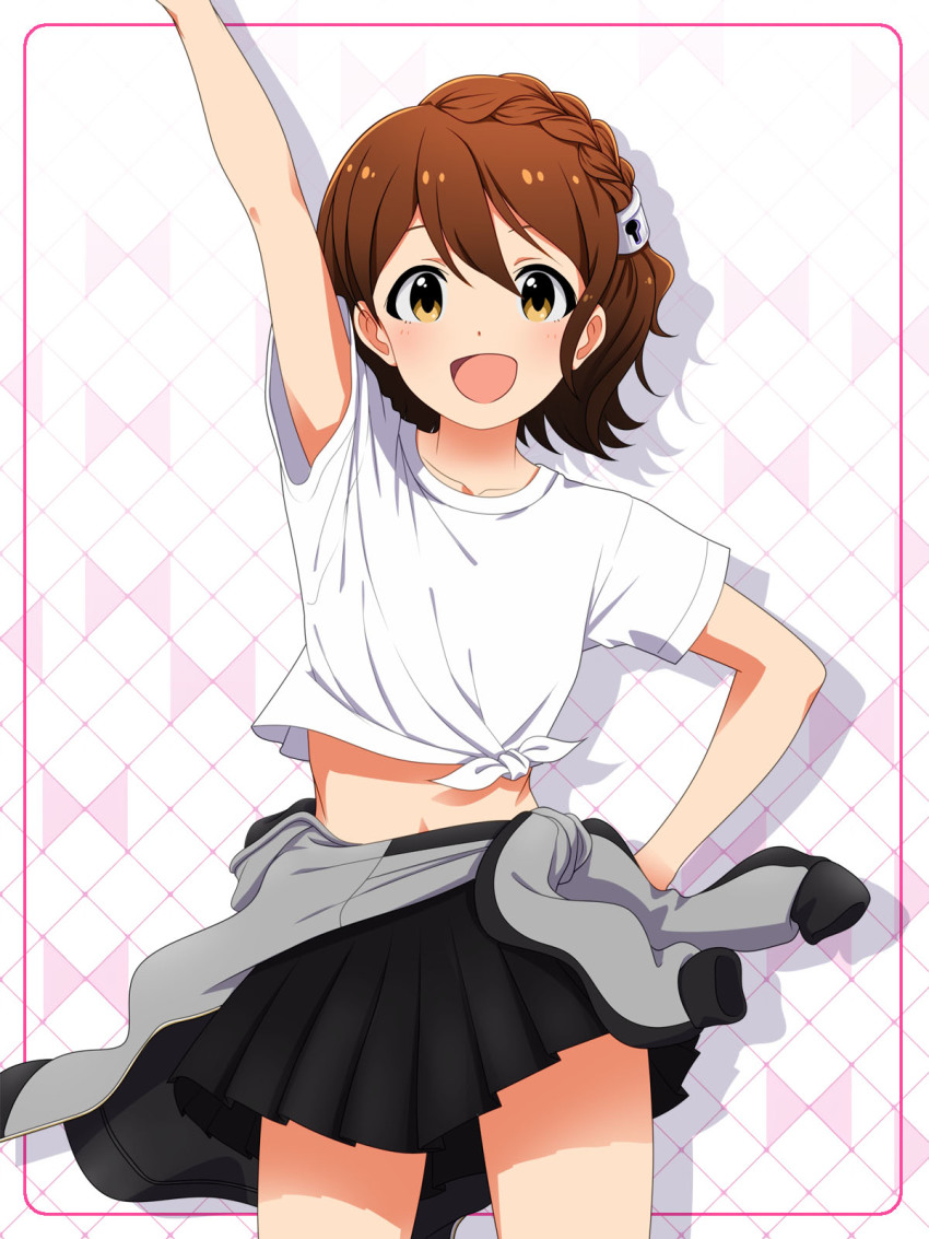 1girl, 920-k, :d, arm_up, black_skirt, blush, brown_eyes, brown_hair