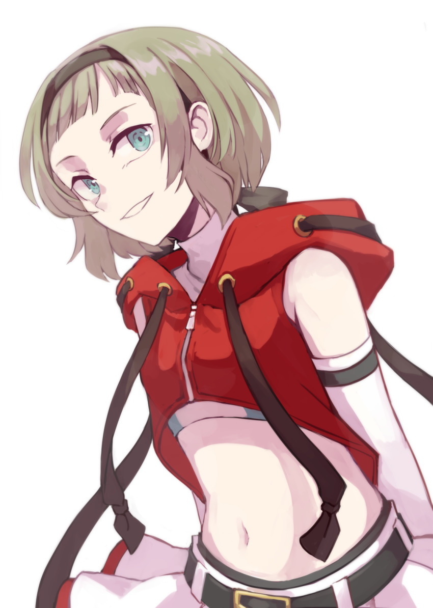 1girl, aqua_eyes, arms_at_sides, arms_behind_back, belt, black_belt, black_hairband, black_ribbon