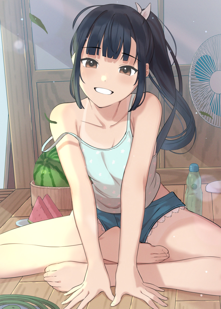 1girl, akira_tooru, bare_arms, barefoot, black_hair, blue_shorts, blunt_bangs, bottle